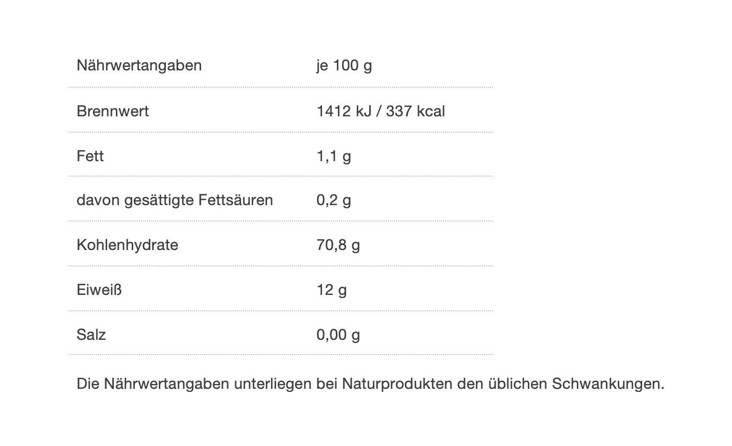 Nährwerttabelle