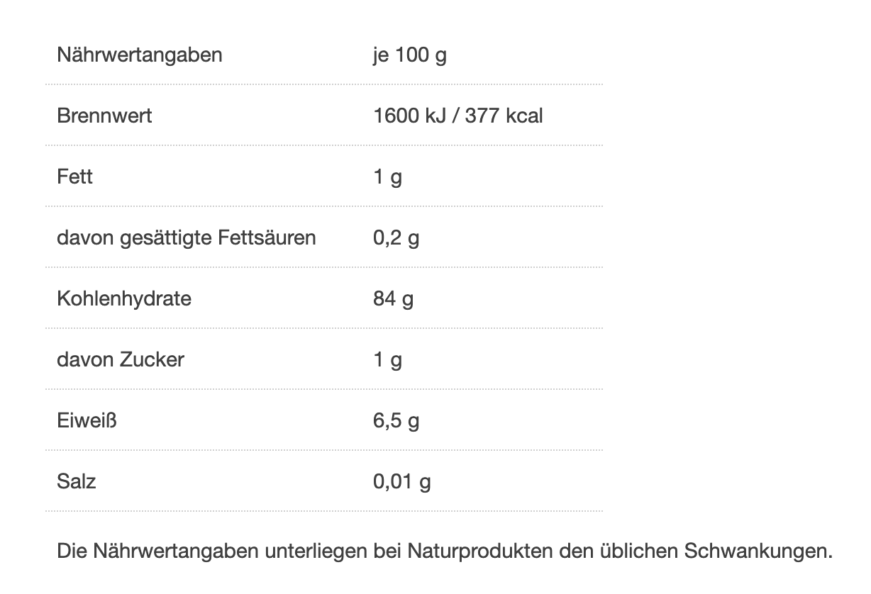 Nährwerttabelle