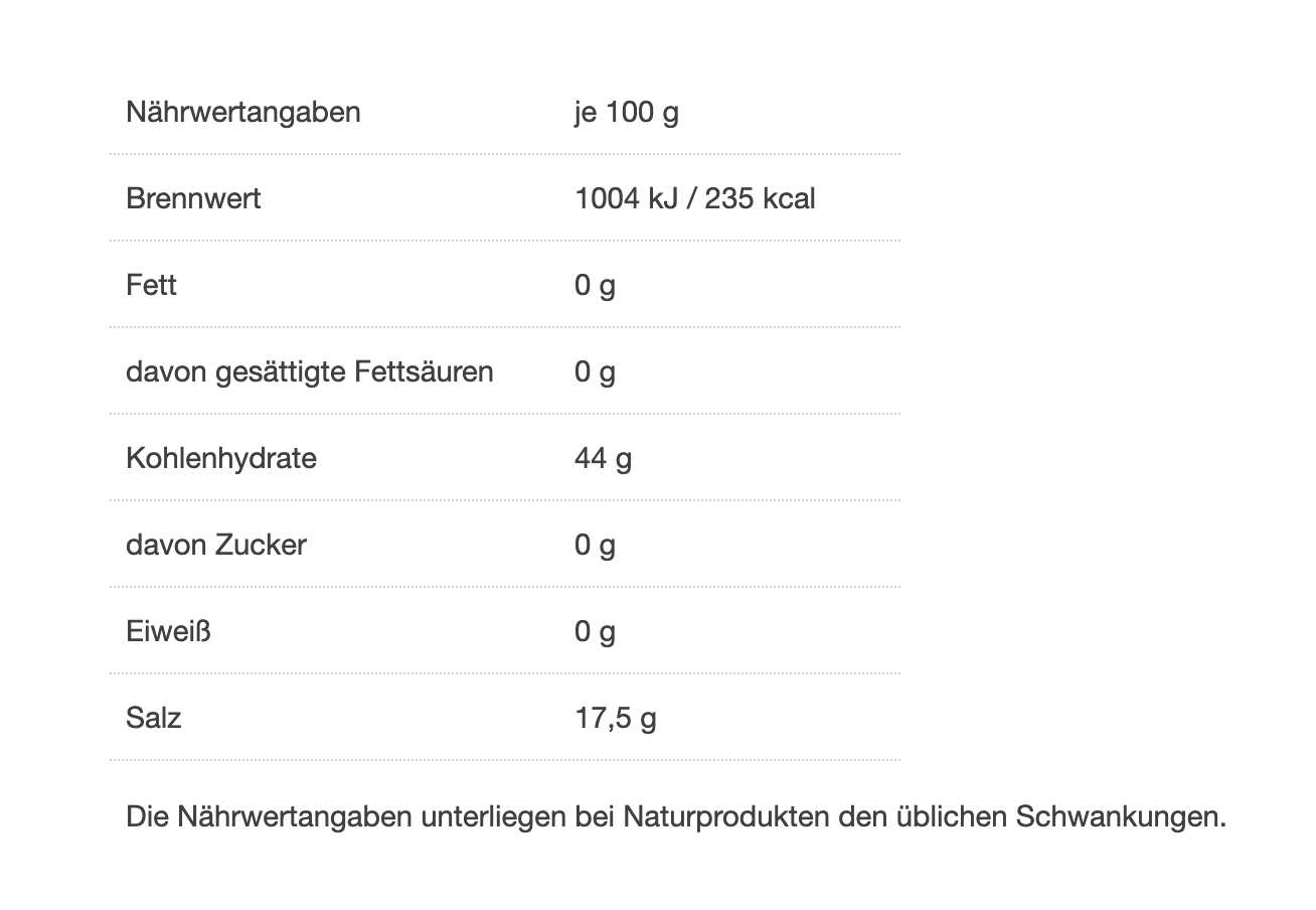 Nährwerttabelle